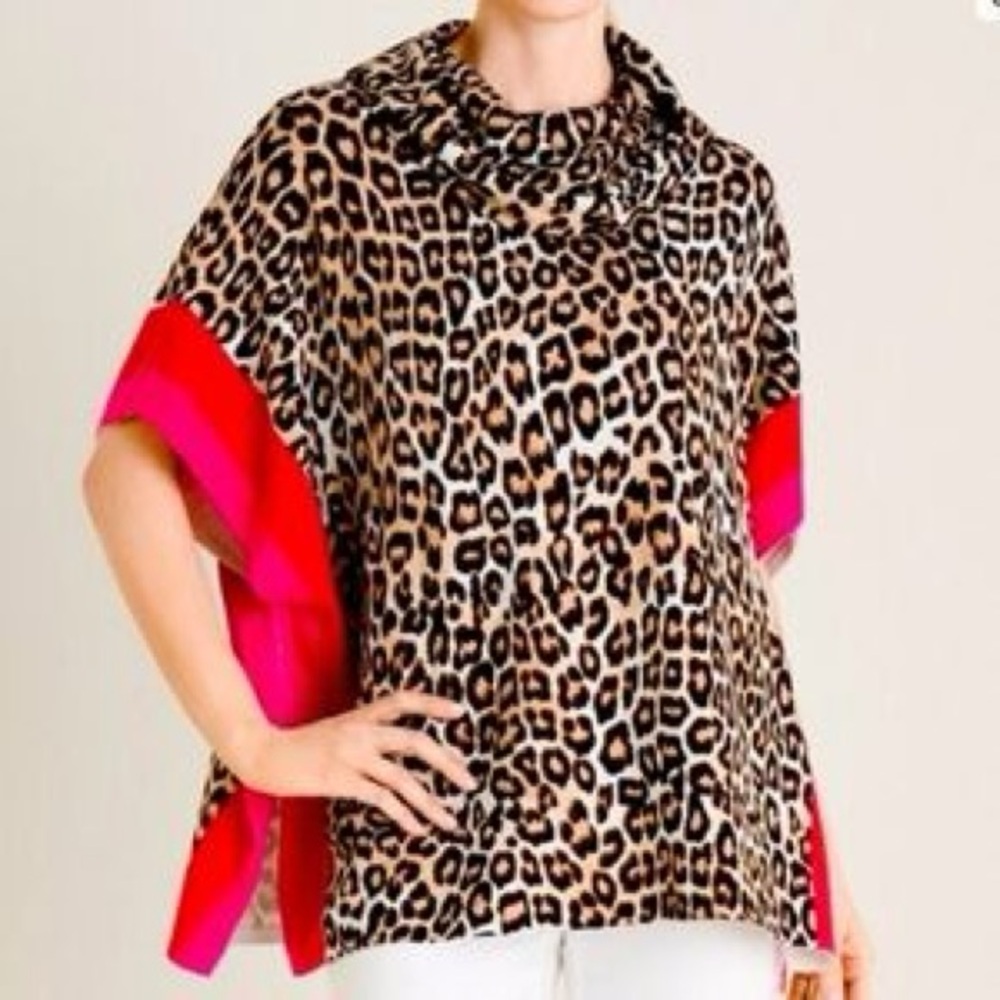 Chico’s Leopard Print Cowl Neck Poncho with Red/Pink Border